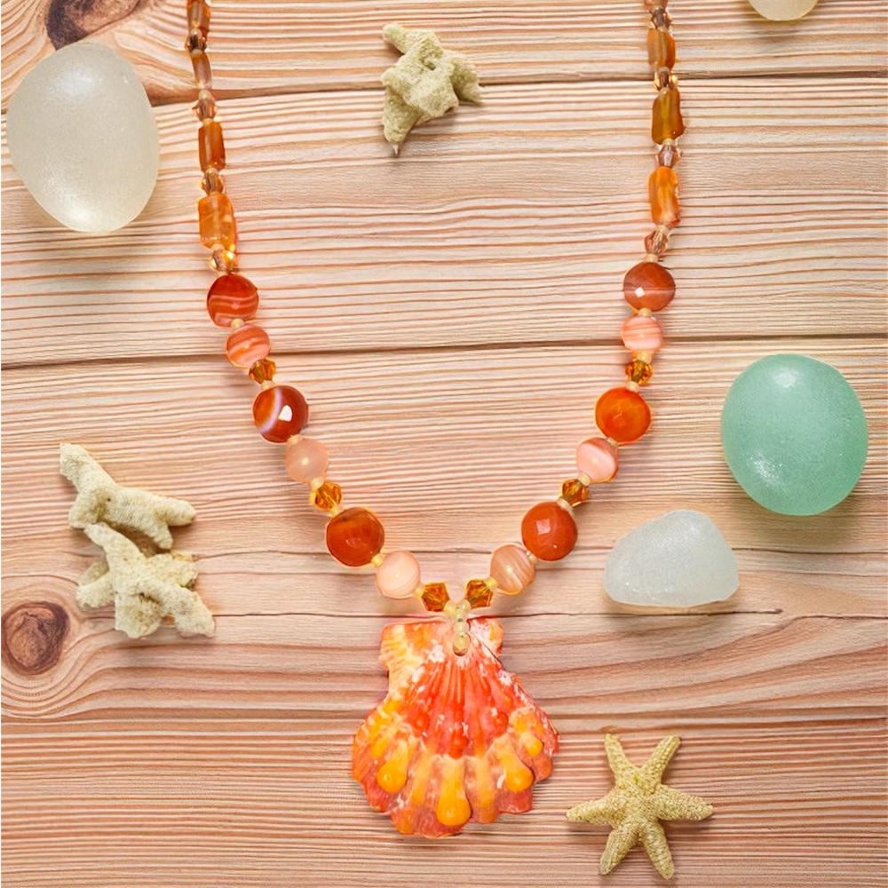 Elegant Orange Lions Paw Shell Beaded Necklace